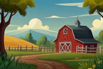 farm cartoon style illustration background with barn and green nature