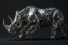 A Robot Rhino With A Metal Horn On Its Head. The Robot Rhino Is Walking On A Dark Background