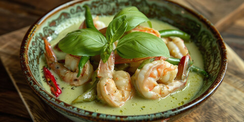 Wall Mural - Spicy Serenade: Authentic Thai Green Curry with Shimmering Shrimp