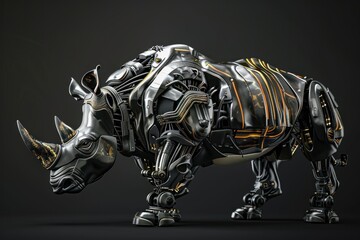 Wall Mural - A rhino with metal parts and a robotic appearance. The rhino is standing on a black background