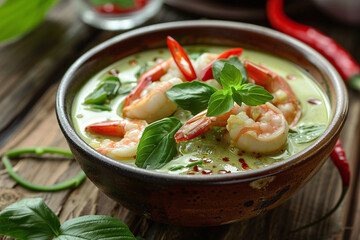 Wall Mural - Authentic Thai Sizzle: Spicy Green Curry with Shrimp Delights