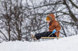 Cheerful boy on sled outdoors in winter snow