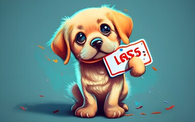 The image features a cartoon-style illustration of a puppy holding a sign that says \