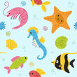 Continuous pattern of sea life. Sea creatures. Fish, seahorse, shells. Vector doodle cartoon illustration of sea life objects for textile and design