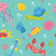 Continuous pattern of sea life. Sea creatures. Jellyfish, fish, seahorse, crab, shells. Vector doodle cartoon illustration of sea life objects for textile