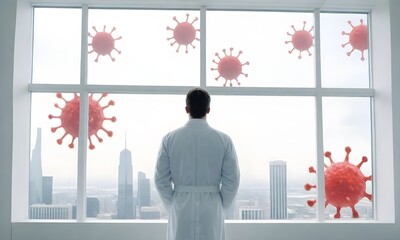 Wall Mural - A man in a white medical gown standing in front of a window overlooking a city skyline with red virus-like shapes visible on the glass