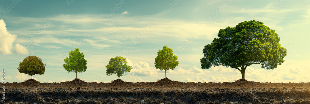 Tree Advancing Depicting the five stages of tree growth on a barren landscape, this ...