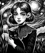 A Young Girl with a Mysterious Black Cat Against a Swirling Nightscape