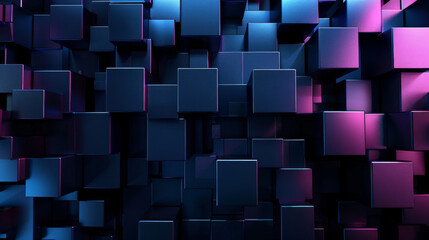 3d render of a dynamic array of metallic blue and purple cubes creating a modern abstract background