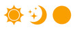 Set sun moon stars icons, solar isolated icon, sunshine, full moon sign, sunlight set – vector