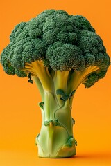 Wall Mural - Verdant broccoli blooms against the stark orange backdrop, an image of health and vitality. AI Generated