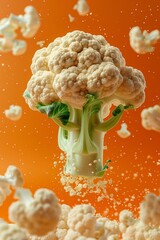 Wall Mural - Suspended cauliflower with milk droplets, vibrant orange background. Conceptual food photography with space for text