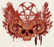 Vector illustration with occult people skull with horns, birds wings, and pentagram in grunge style with spots and splashes. The symbol of Satanism Baphomet