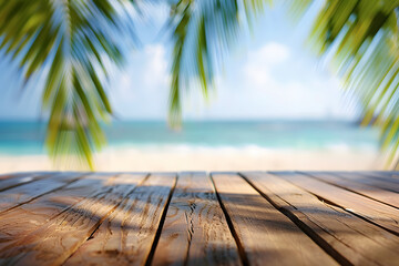 Abstract wooden table top with blurred tropical beach background for product display presentation and summer vacation concept, hd, taken in the style of Canon EOS, realistic photography. Generated AI