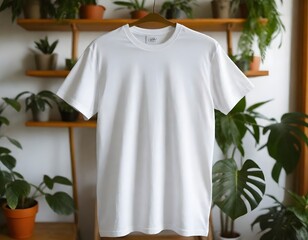 Wall Mural - A plain white mockup t-shirt hanging on a rack in a room with potted plants