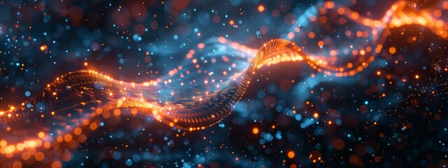 Wall Mural - quantum computing solving complex genetic codes - abstract dna strands unraveled by quantum machine