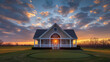 Dramatic sunset setting behind a newly built clubhouse with a white porch and gable roof with semi-circle window, in ultra HD.
