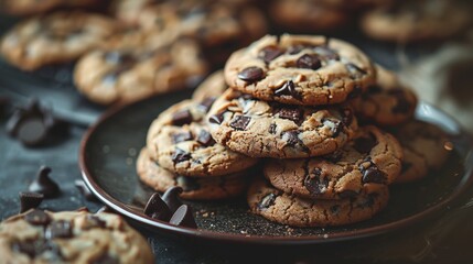 Canvas Print - Plate of chocolate chip cookies surrounded by scattered chips