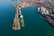 Aerial view industrial cargo and fuel port with ship tanker vessel loading in gas and oil terminal station refinery, Batumi, Georgia, Global trading import export logistic transport sea freight