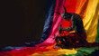 An imaginative illustration depicting the Devil sewing a pride flag, creatively blending themes of rebellion and LGBTQ+ pride in a striking visual metaphor.
