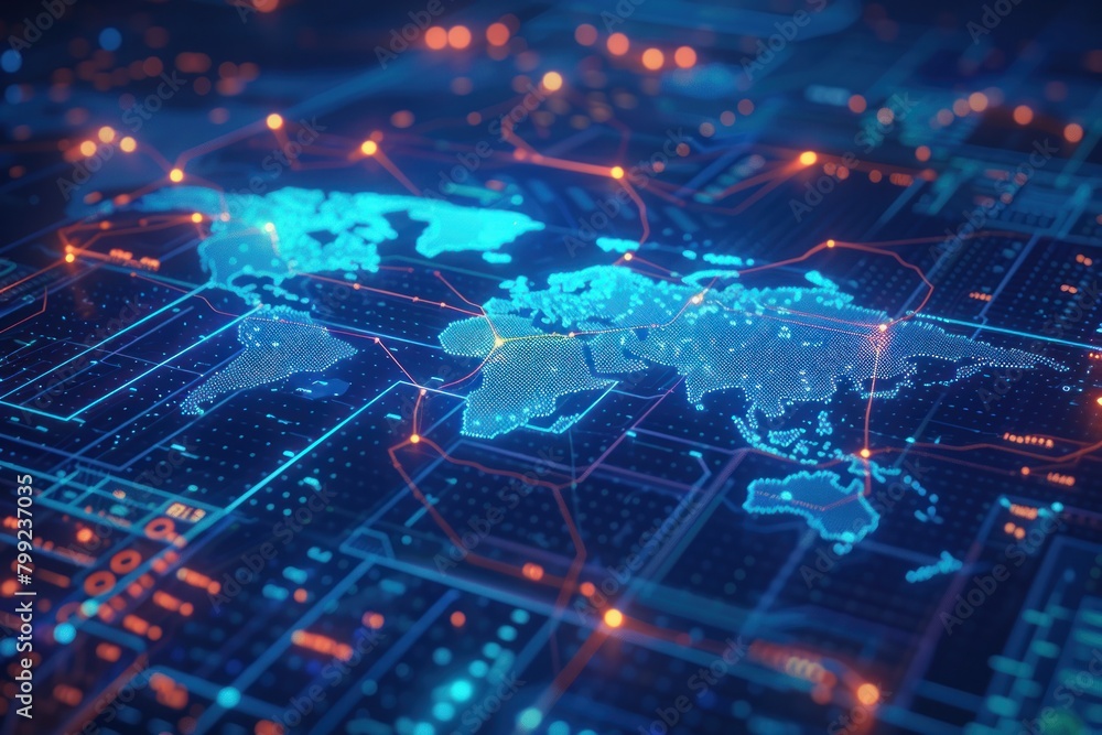 A computer screen shows a blue and orange world map with many dots. The ...