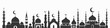 Silhouettes of many mosque domes with crescent moons on a white background,