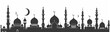 Silhouettes of many mosque domes with crescent moons on a white background,