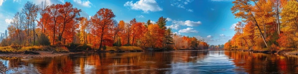 fall panorama of wisconsin river with tree-lined shores in midwest - a scenic travel destination