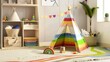 Bright and colorful child's playroom with tepee, toys and storage boxes