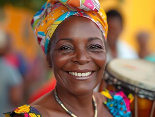 Canvas Print - A woman wearing a colorful scarf and a necklace is smiling. She is holding a drum in her right hand