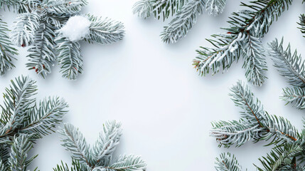 Poster - Snow-dusted fir branches creating a natural frame on a white backdrop, perfect for seasonal designs