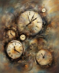 Surreal artwork featuring abstract representations of clocks, evoking a sense of timelessness and fantasy, Generative AI.