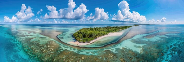 Canvas Print - Panoramic Aerial View of Island and Lagoon: Tropical Beach, Blue Ocean Water,