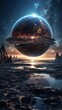A hyper-realistic digital painting inviting viewers on a techno-ethereal odyssey to an astral artificial planet