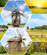 Old wooden windmills in field and sun on sky. Pyrohiv village near Kiev, Ukraine. Collage.