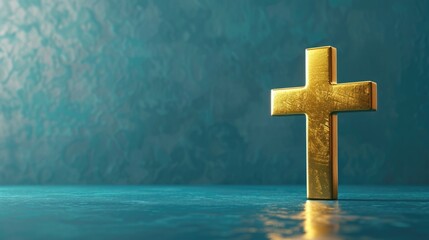 Live Stream Church: Golden Christian Cross on Blue Banner - Online Worship and Sermon Concept