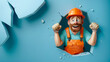 Cartoon cheerful male builder in an orange suit and helmet looks out of a hole on a blue background with copyspace