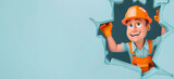 Fototapeta Sport - Cartoon cheerful male builder in an orange suit and helmet looks out of a hole on a blue background with copyspace