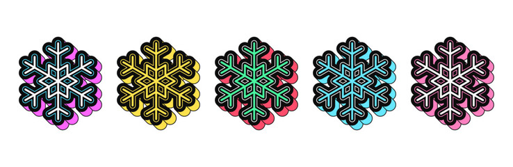 Wall Mural - Isolated retro black snowflake icon set, vector stickers. Snow flakes, winter time, frost, cold season, frozen star. 3d snowflakes with outline pattern. Retro design elements for party and pop culture