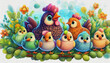 oil painting style CHARACTER CUTE baby large group of Hungry Chickens waiting to be fed in a farm