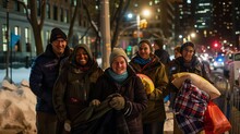 A Team Of Volunteers Smiling With Compassion As They Distribute Warm Blankets And Food To Homeless Individuals On A Cold Winter Night, Volunteers Centered