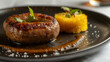 Grilled georgian sausage and golden corn polenta plated with fresh herbs on a stylish black background