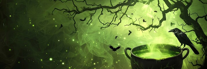 Canvas Print - Witch s Potion Bubbling in Cauldron with Ominous Raven Filled Forest Overhead