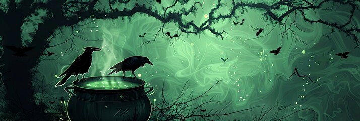 Canvas Print - Witch s Cauldron Bubbling with Noxious Potion Gnarled Tree Branches and Ravens Overhead in Spooky Halloween