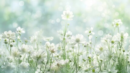 A field of white flowers with a blue sky in the background. The flowers are scattered throughout the field