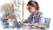 Business Frau Arbeiten Schreibtisch Arbeitsplatz Lernen Laptop Büro Recherchieren Vorbereiten Wasserfarben Vektor