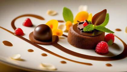 Wall Mural - A chocolate dessert with chocolate shavings, strawberry, and a drizzle of chocolate sauce on a white plate