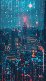 Fototapeta  - Futuristic city skyline with digital code overlay for a cyberpunk theme