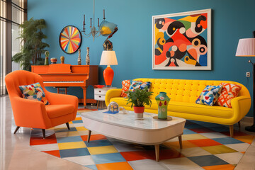 Wall Mural - Retro, vintage living room decor with vibrant color tones.