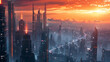 Render a futuristic cityscape with sleek skyscrapers towering against the dramatic backdrop of the sunset gradient.